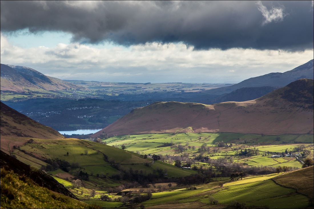 Newlands Valley, a glimpse of Derwent Water, and Skelgill Bank leading up to Catbells